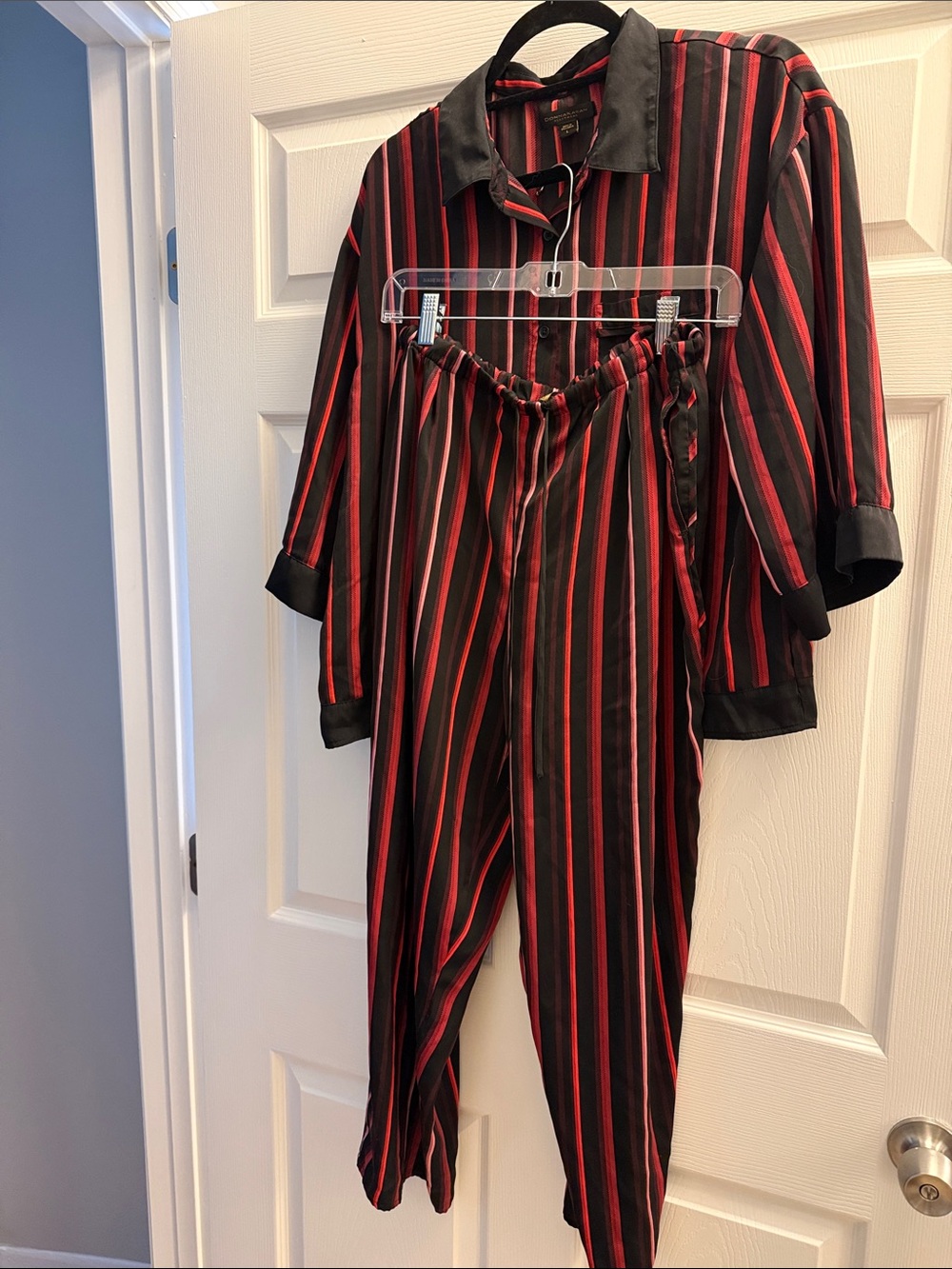 Donna Karan Black PJs with Red & Pink Stripes